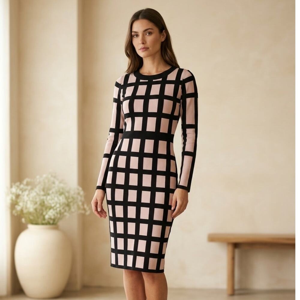 Classic Bodycon Dress Womens M Nude & Black Mesh Grid See-Through Stretch